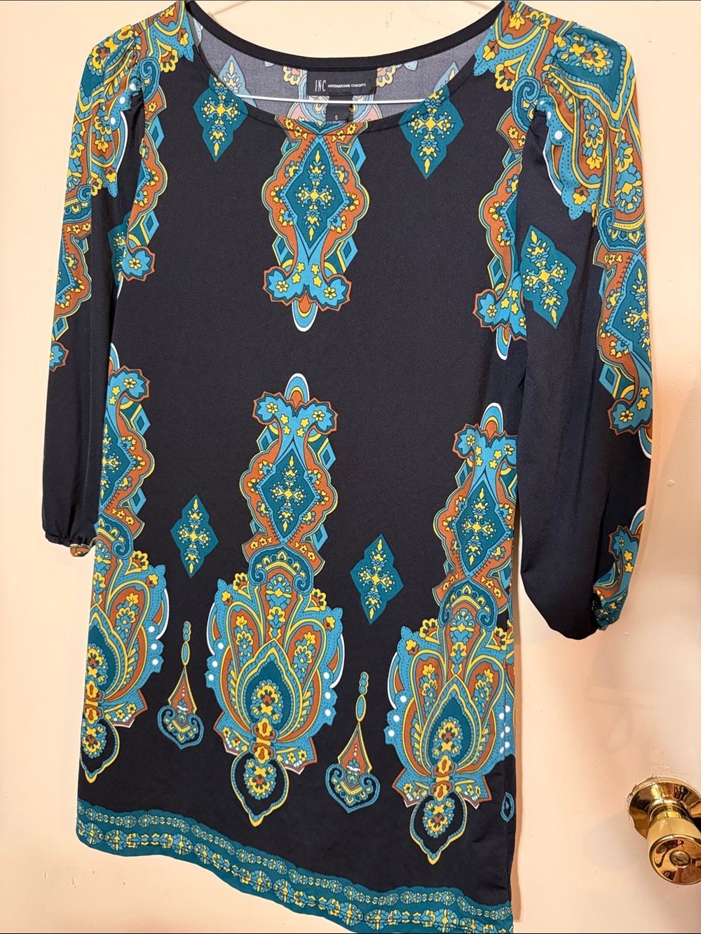 INC International Concepts Black Shift Dress with Teal and Orange Paisley Print